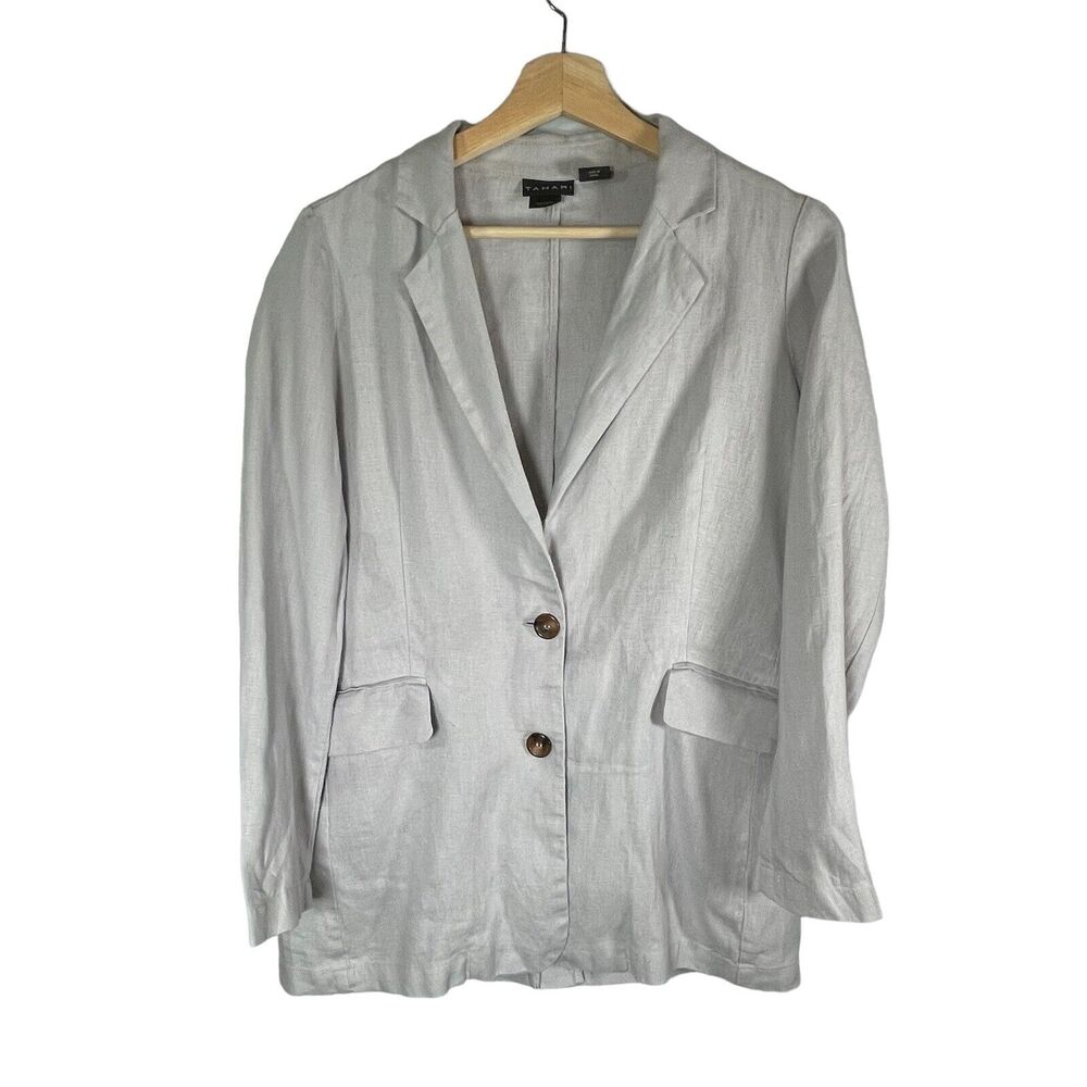 Tahari 100% Linen Unstructured Gray Button Front Womens Blazer Jacket SIZE XS